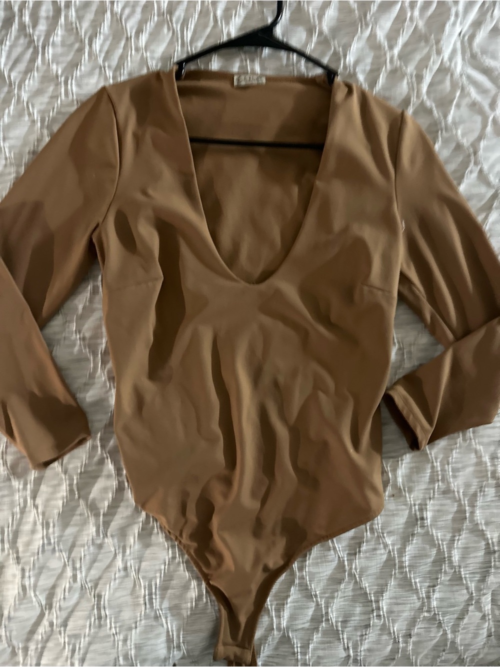 Free People Deep V Long-Sleeve Bodysuit in Camel Brown